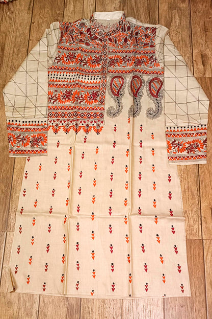 Beige Pure Tussar with Kantha Work (Hand Embroidery) Panjabi