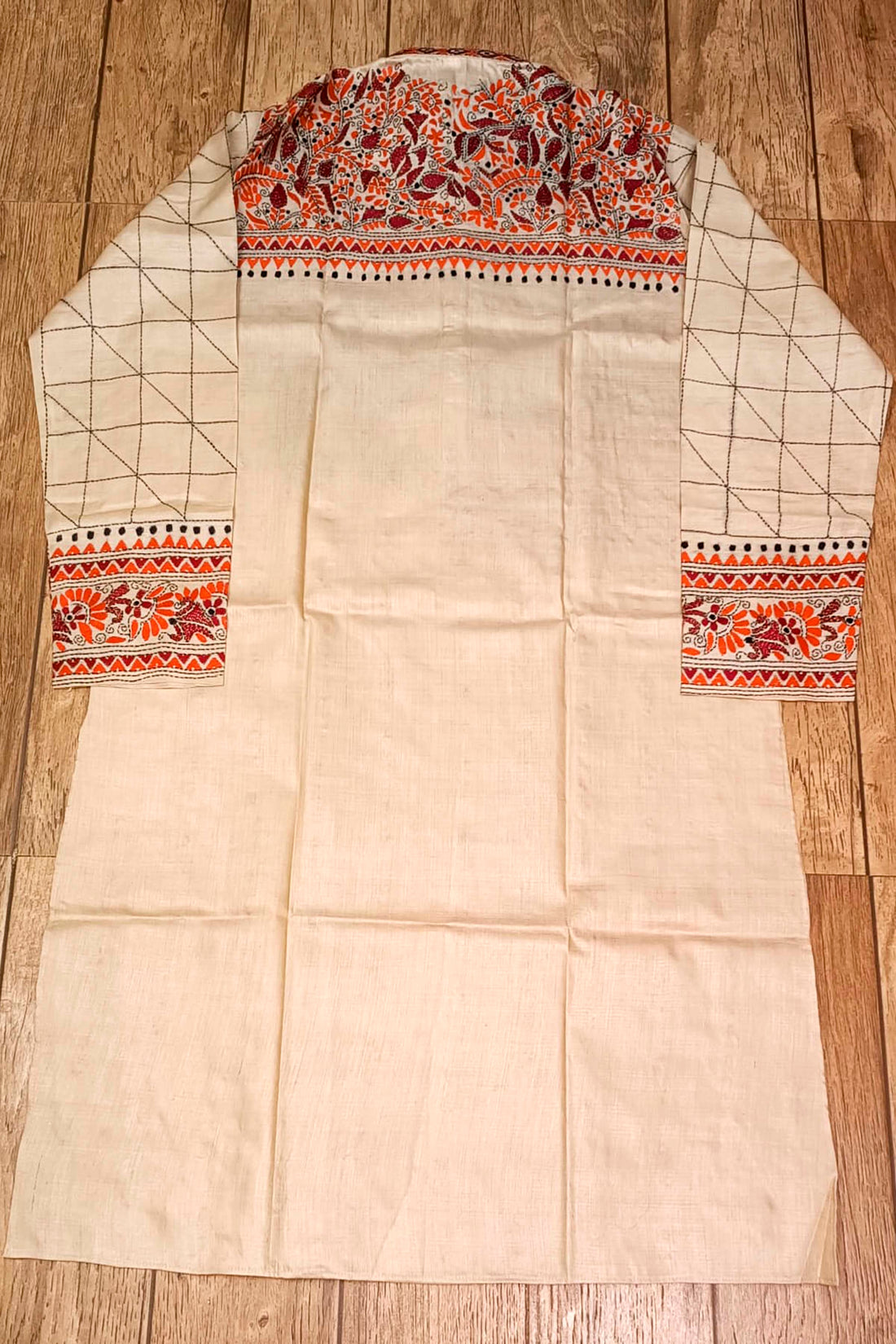 Beige Pure Tussar with Kantha Work (Hand Embroidery) Panjabi