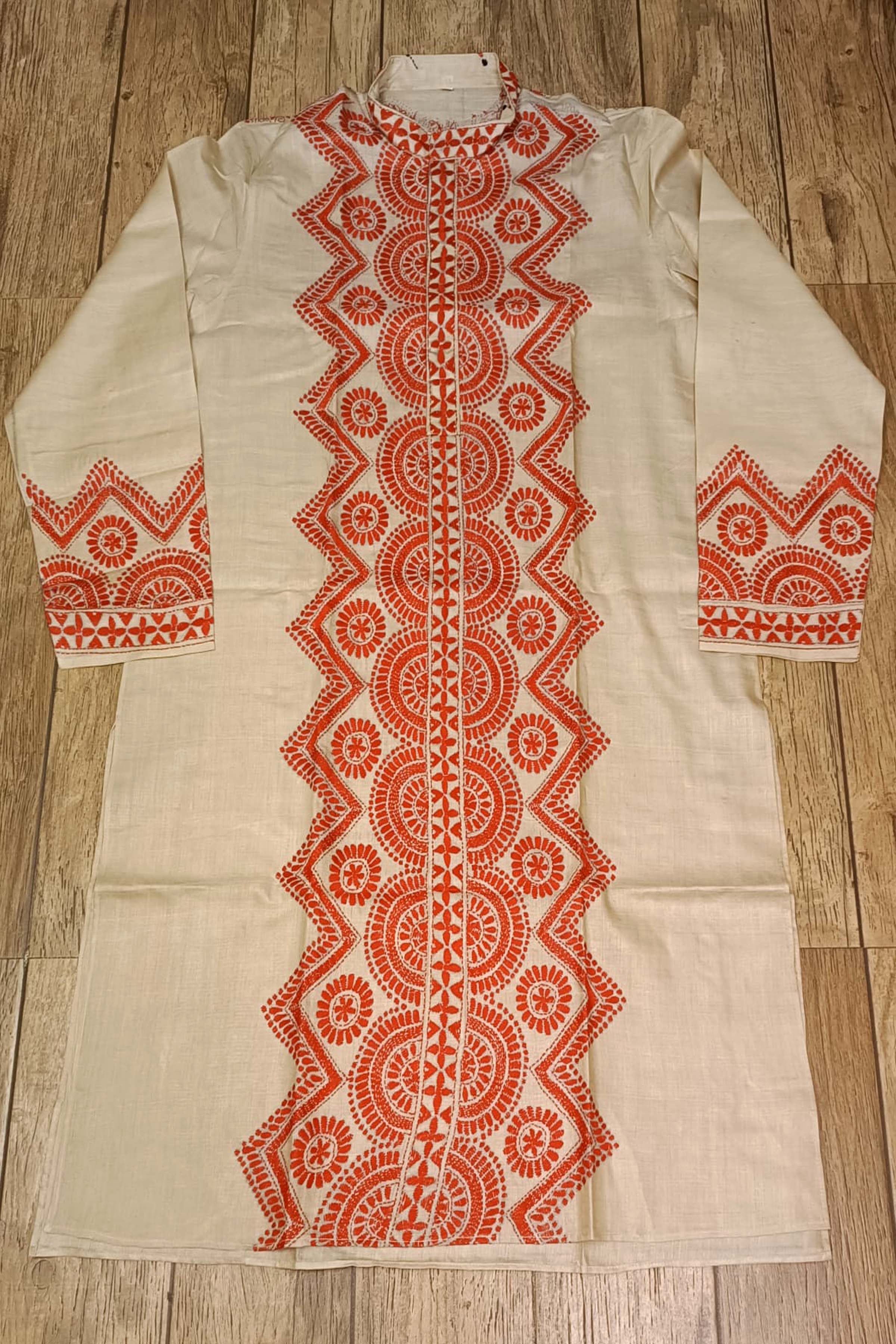 Beige Pure Tussar with Kantha Work (Hand Embroidery) Panjabi