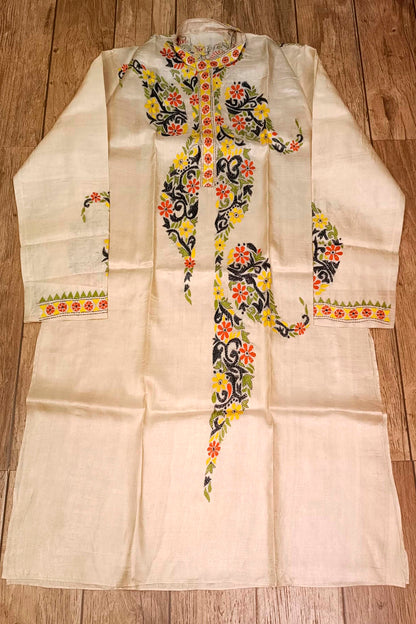 Beige Pure Tussar with Kantha Work (Hand Embroidery) Panjabi