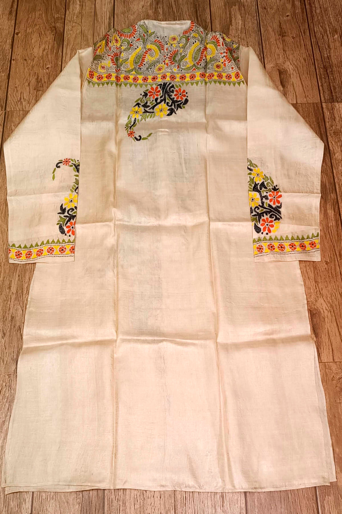 Beige Pure Tussar with Kantha Work (Hand Embroidery) Panjabi