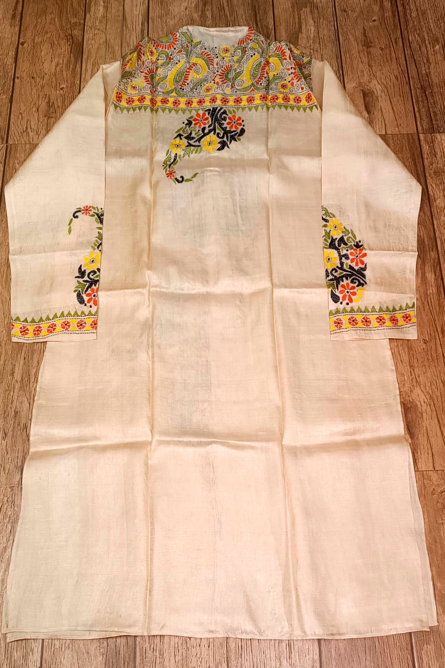 Beige Pure Tussar with Kantha Work (Hand Embroidery) Panjabi