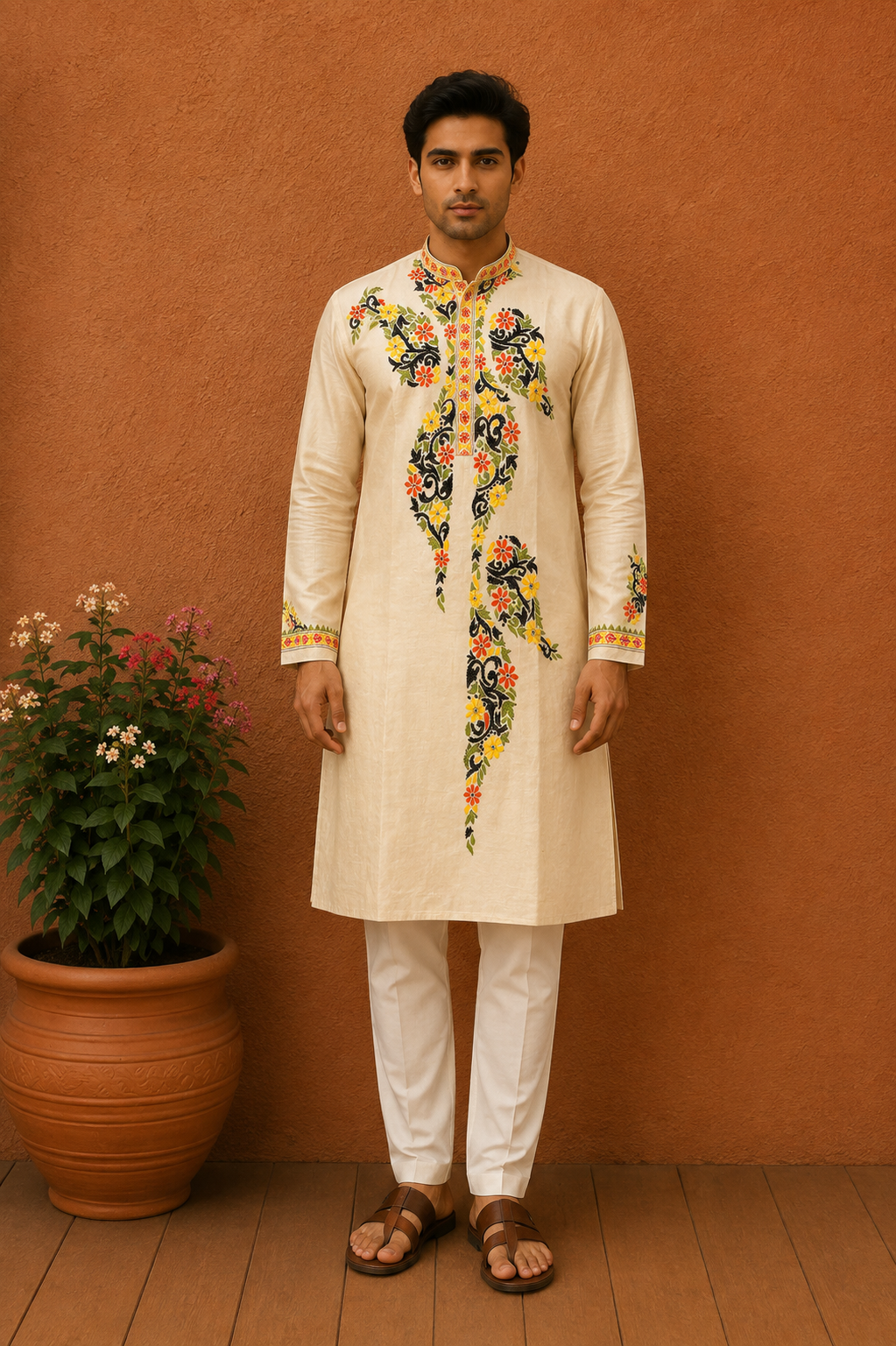 Beige Pure Tussar with Kantha Work (Hand Embroidery) Panjabi