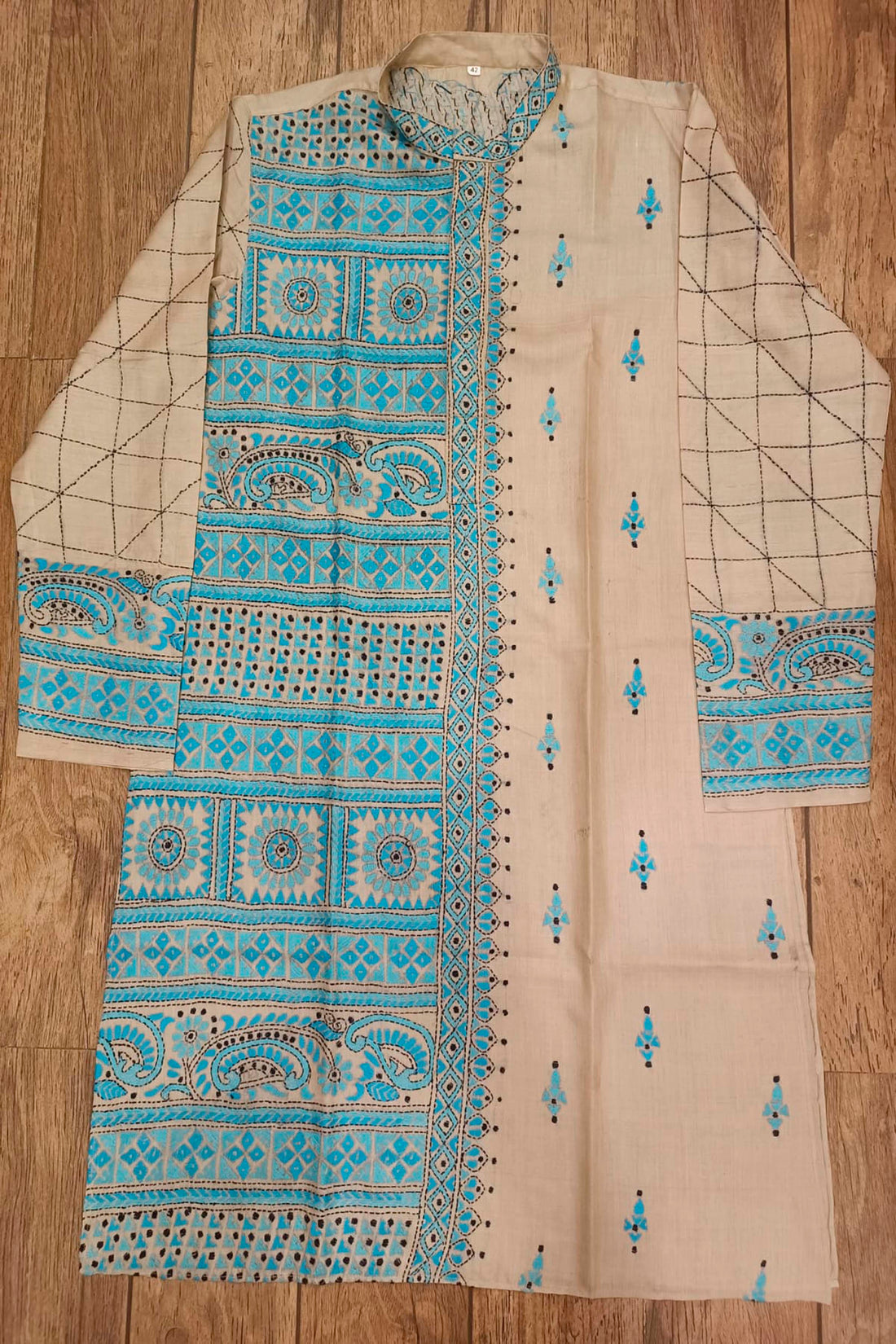 Beige Pure Tussar with Kantha Work (Hand Embroidery) Panjabi