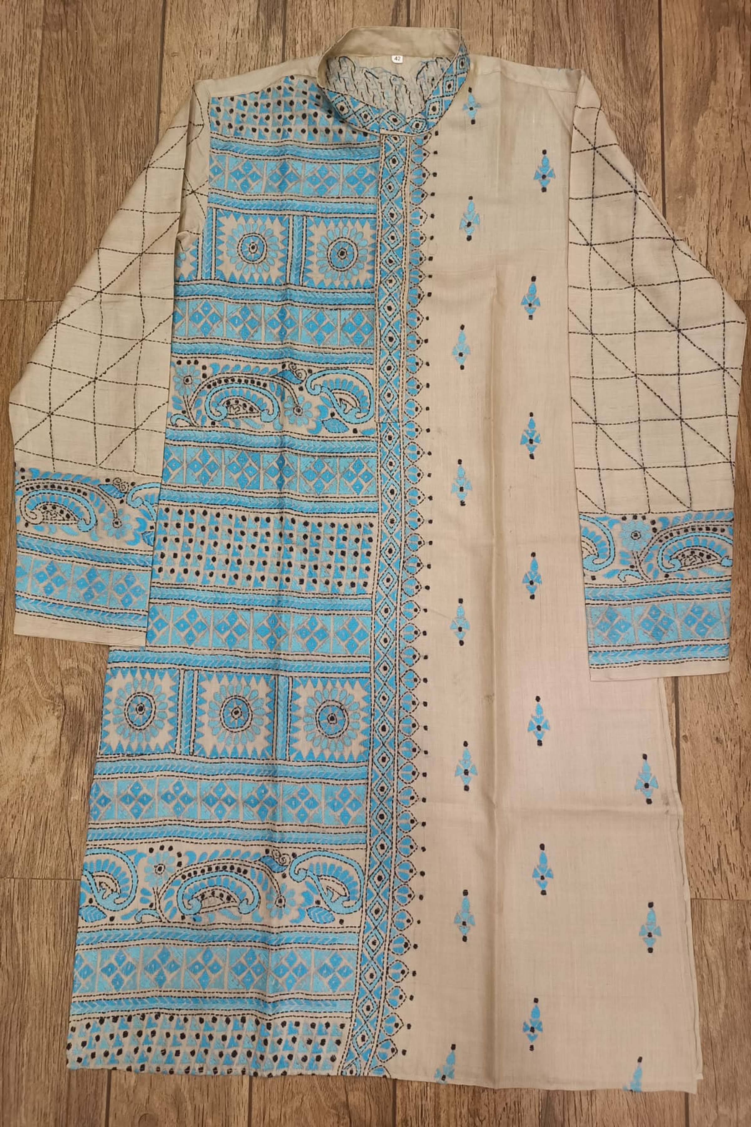 Beige Pure Tussar with Kantha Work (Hand Embroidery) Panjabi