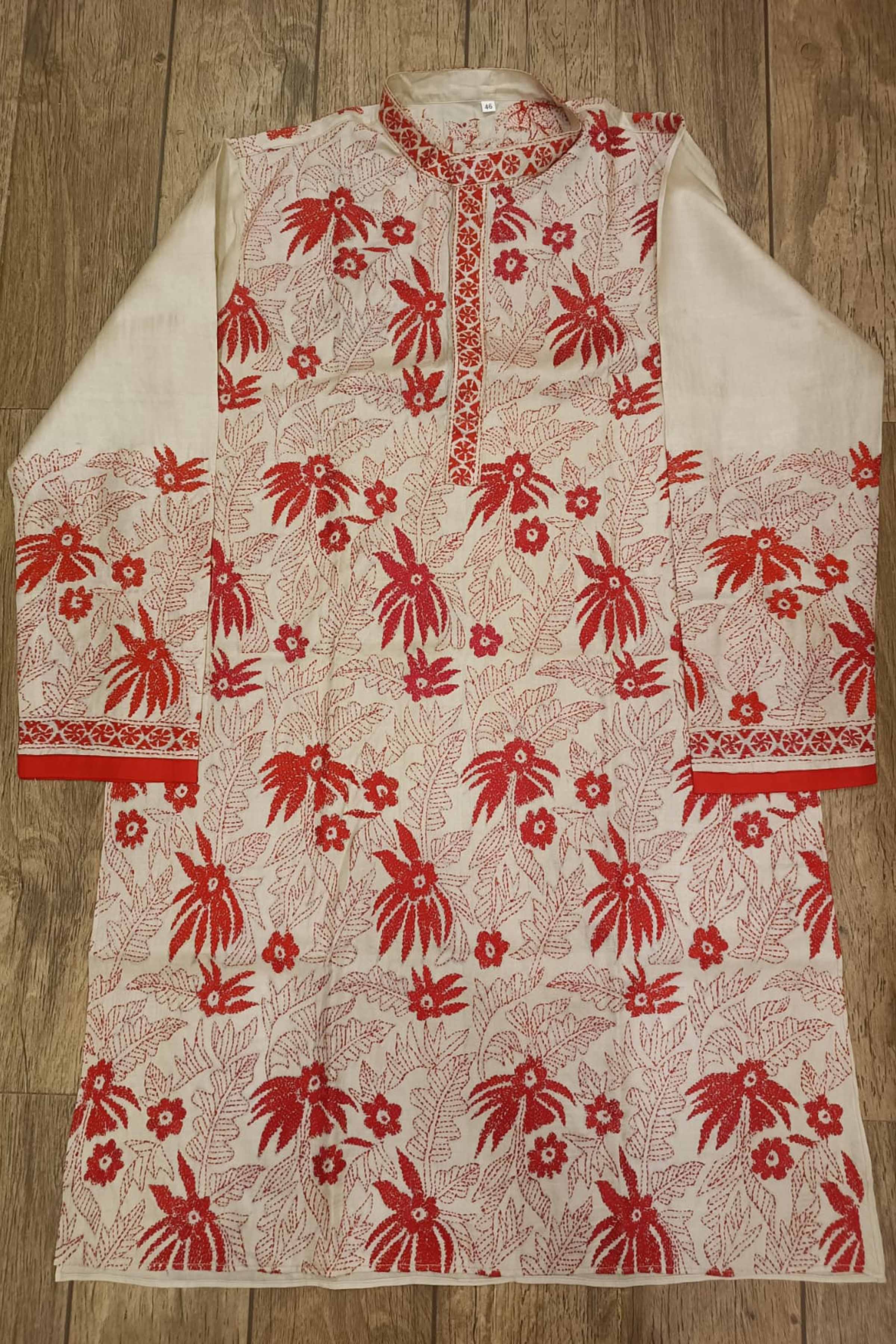 Beige Pure Tussar with Kantha Work (Hand Embroidery) Panjabi