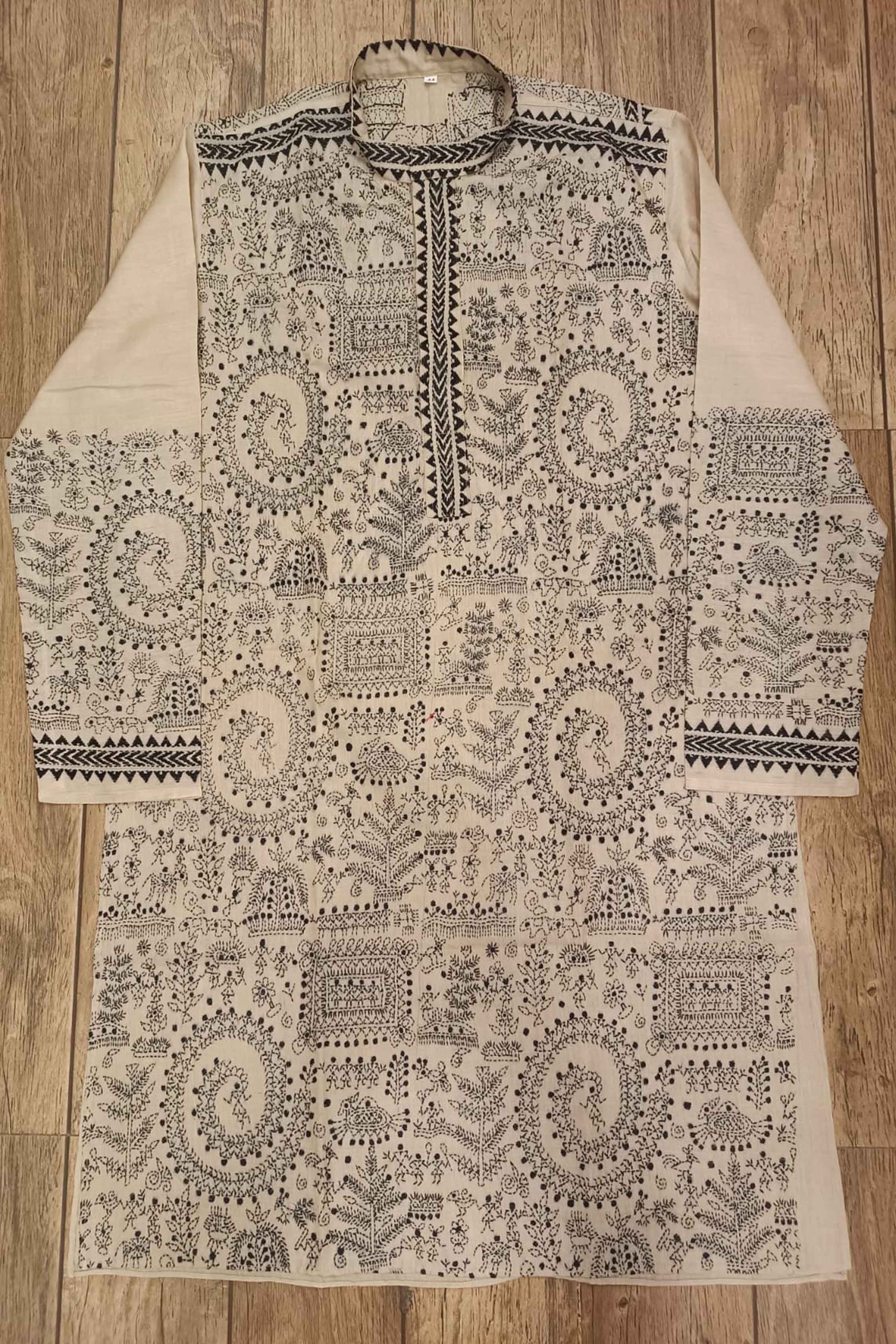 Beige Pure Tussar with Kantha Work (Hand Embroidery) Panjabi