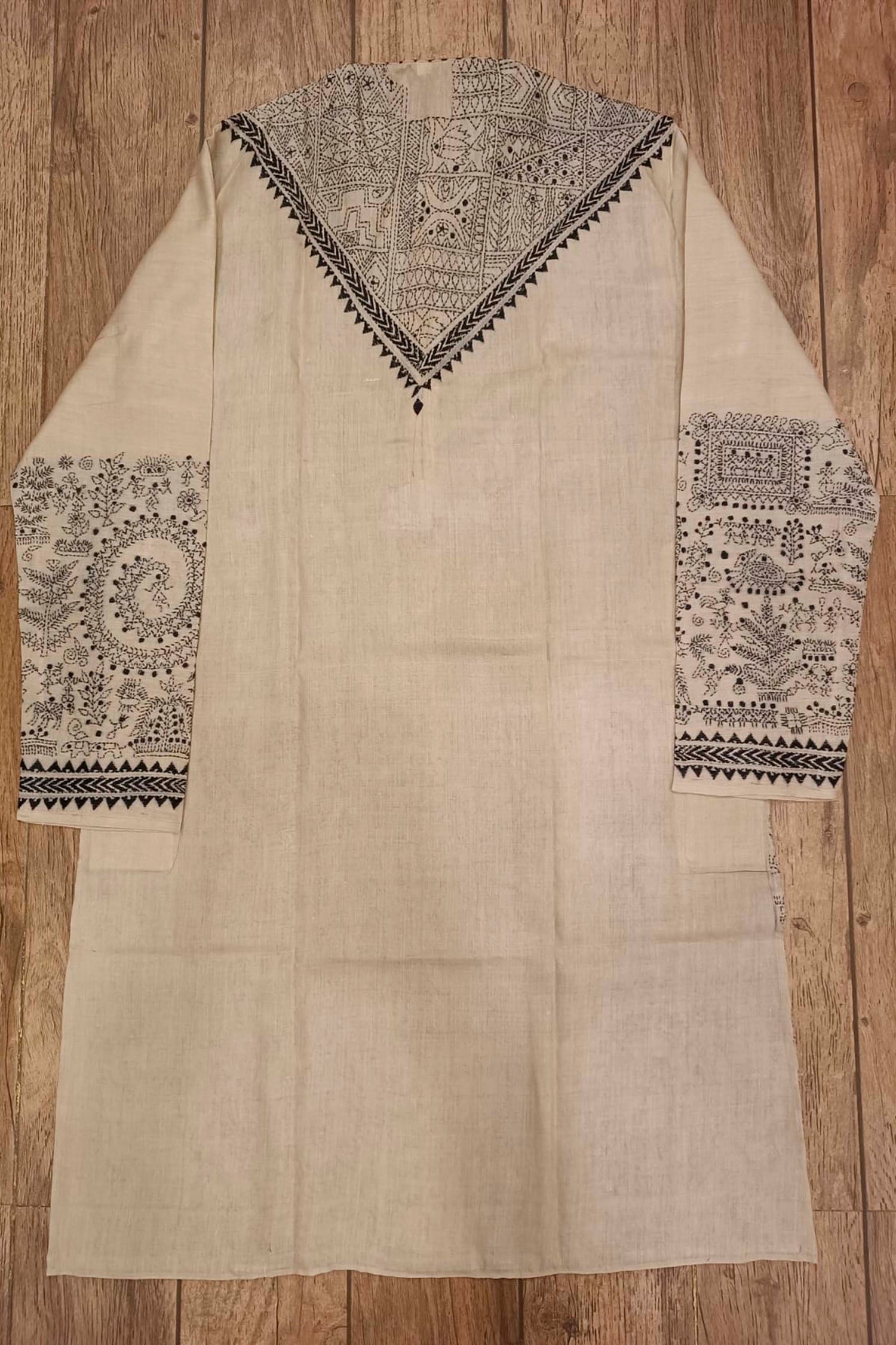 Beige Pure Tussar with Kantha Work (Hand Embroidery) Panjabi