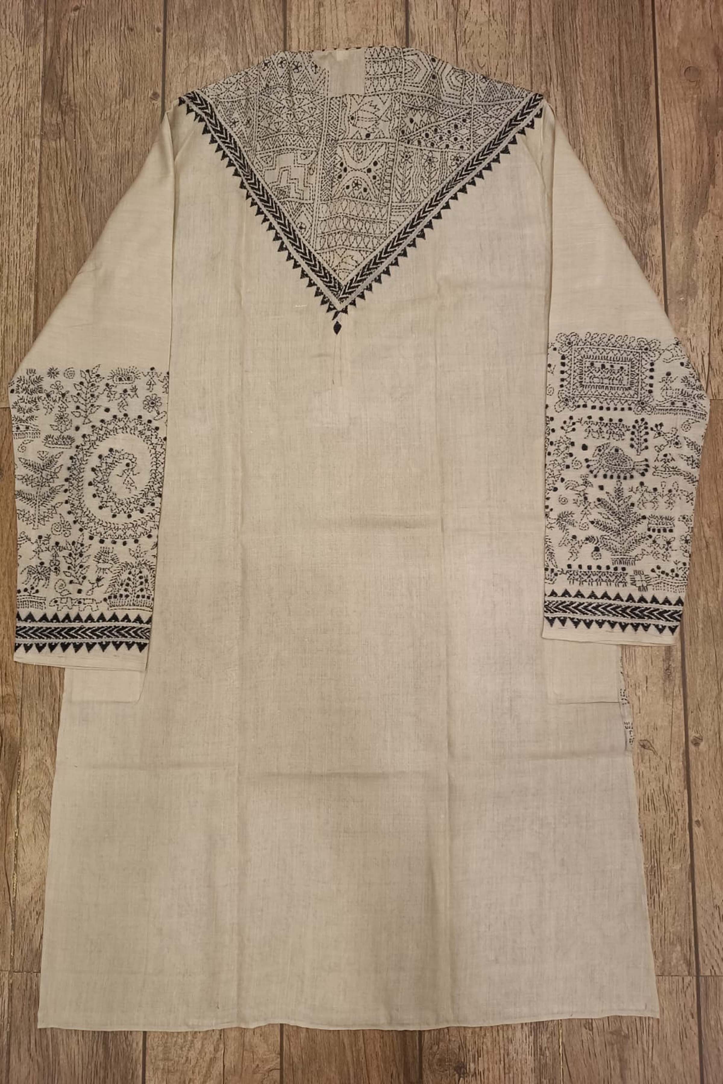 Beige Pure Tussar with Kantha Work (Hand Embroidery) Panjabi