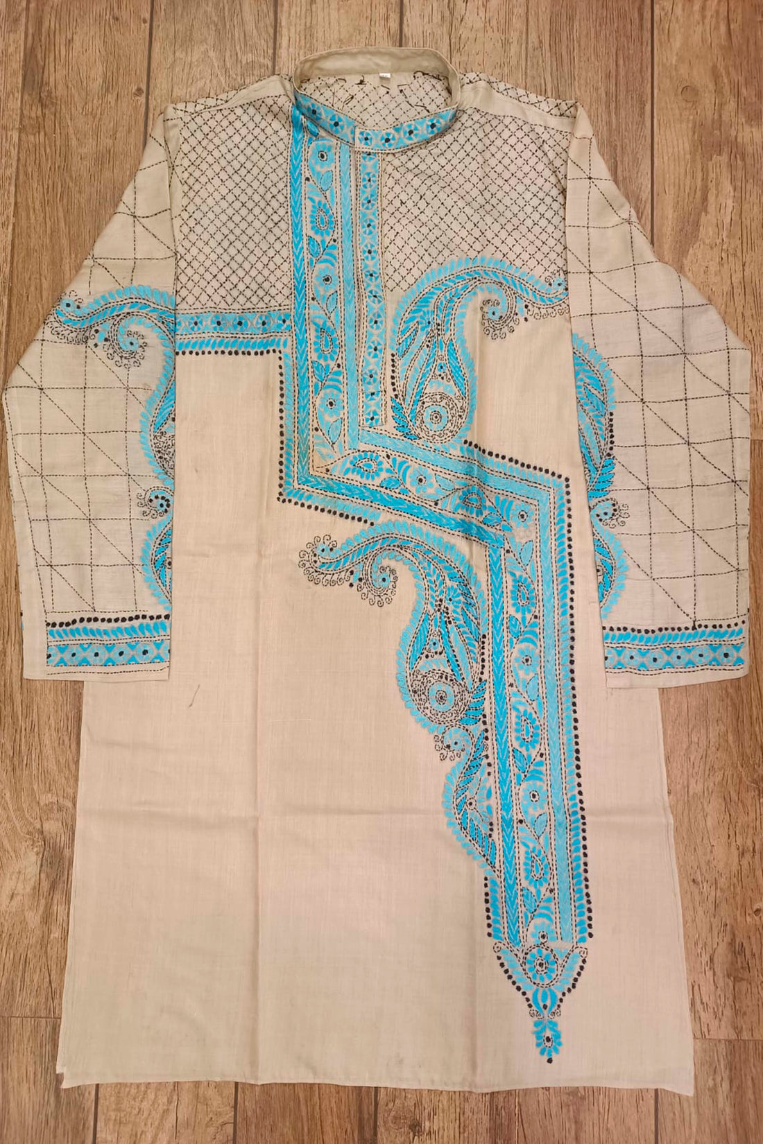 Beige Pure Tussar with Kantha Work (Hand Embroidery) Panjabi