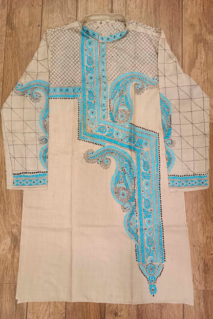 Beige Pure Tussar with Kantha Work (Hand Embroidery) Panjabi