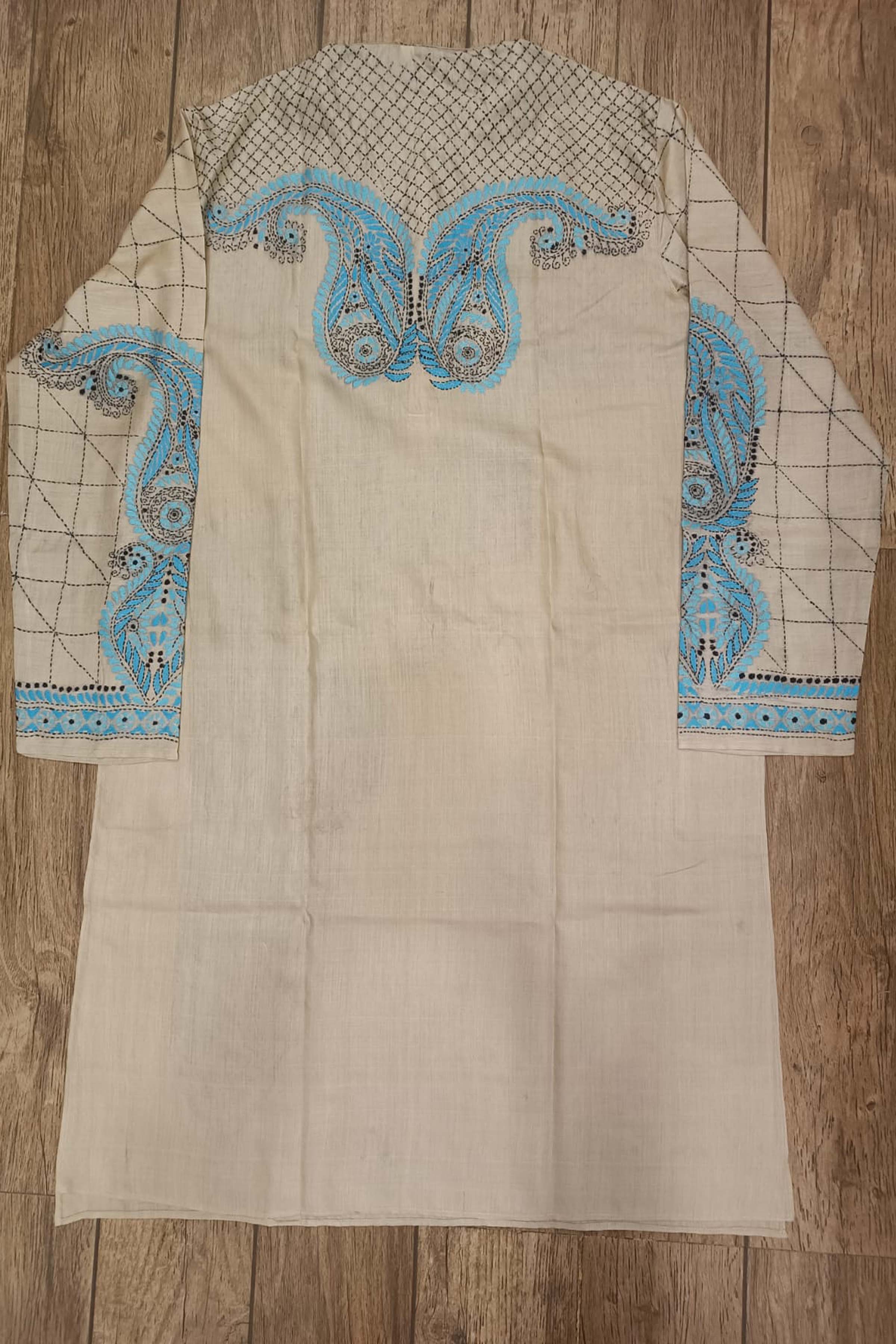 Beige Pure Tussar with Kantha Work (Hand Embroidery) Panjabi