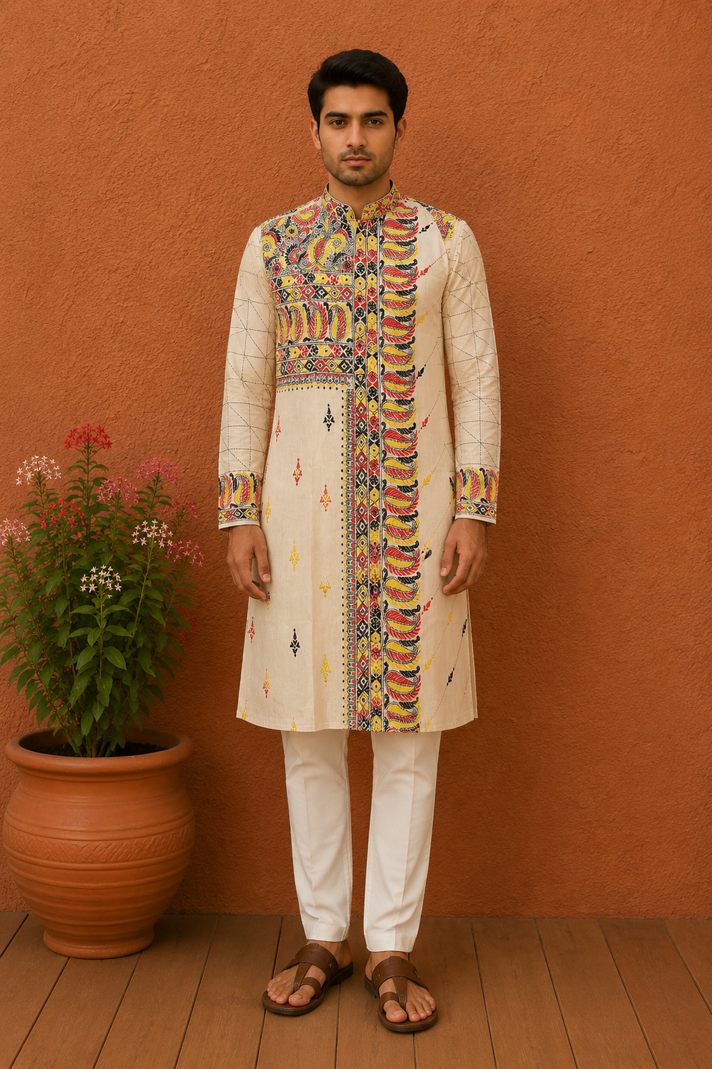 Beige Pure Tussar with Kantha Work (Hand Embroidery) Panjabi