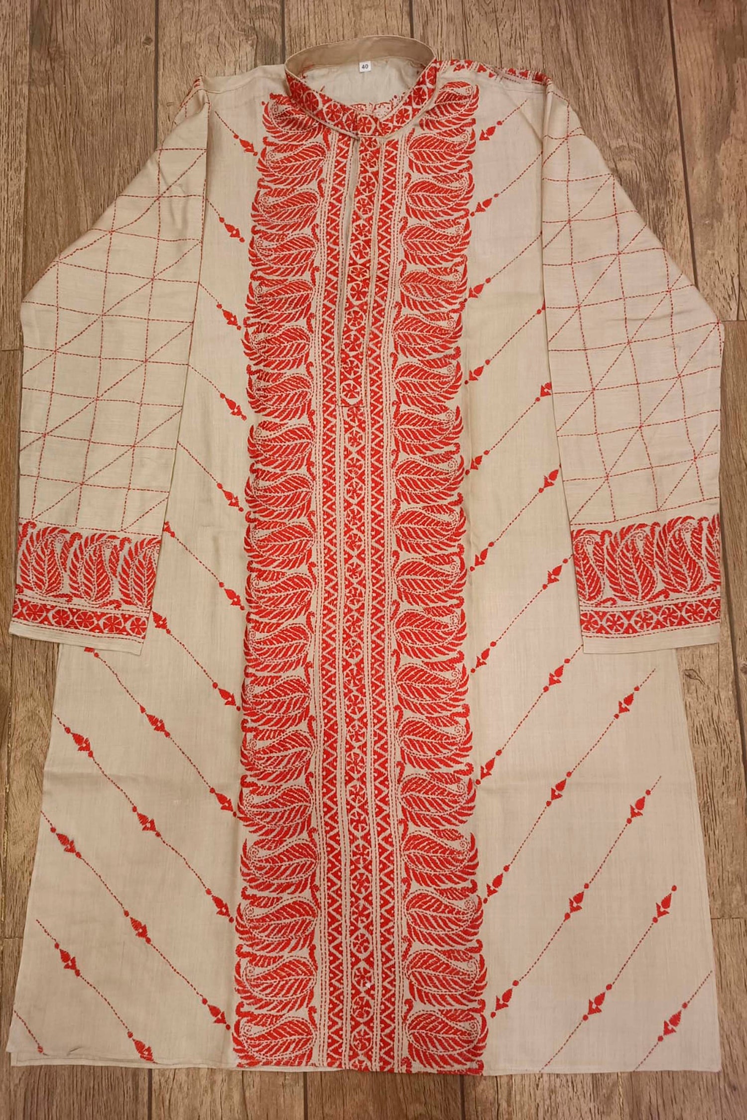 Beige Pure Tussar with Kantha Work (Hand Embroidery) Panjabi