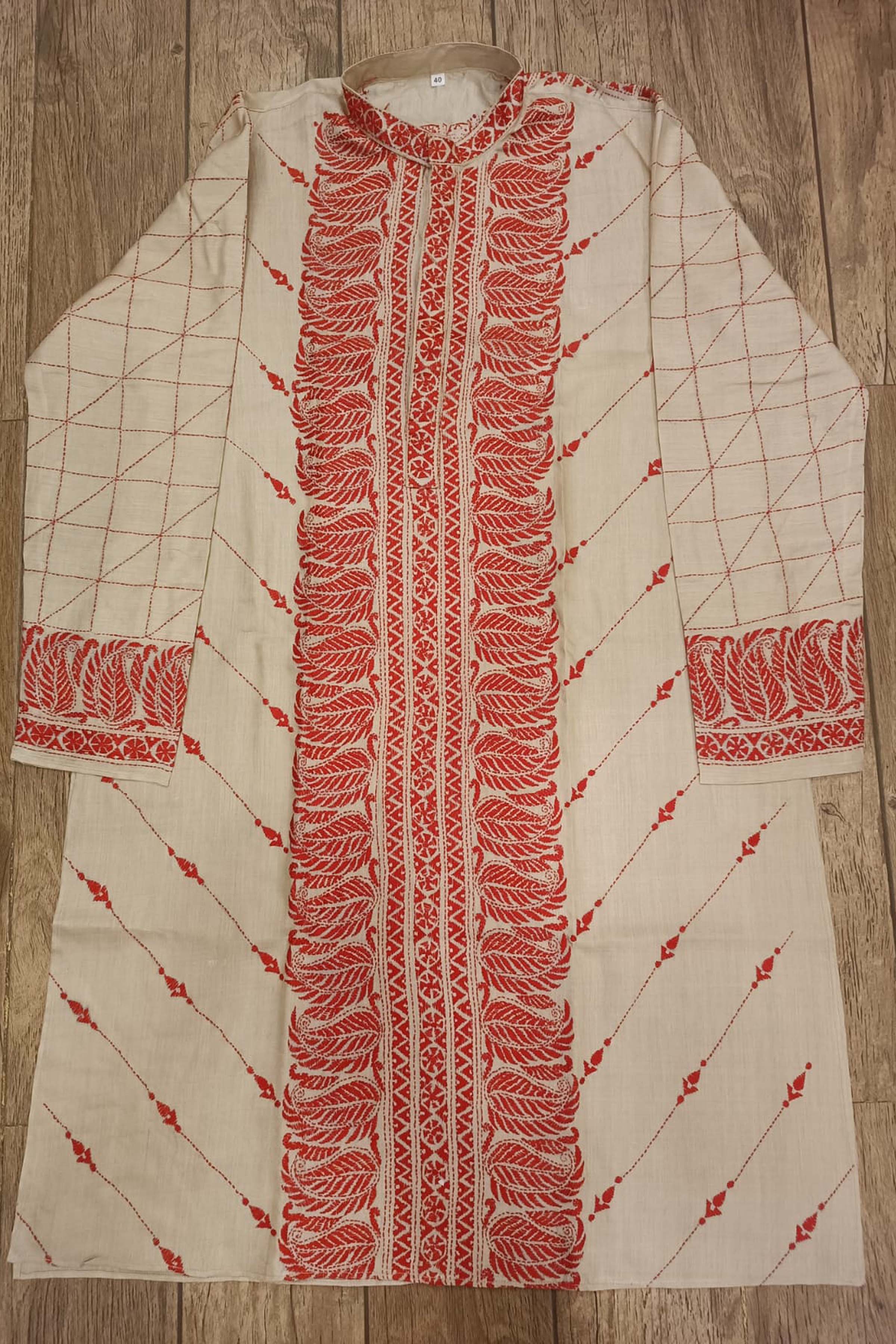 Beige Pure Tussar with Kantha Work (Hand Embroidery) Panjabi