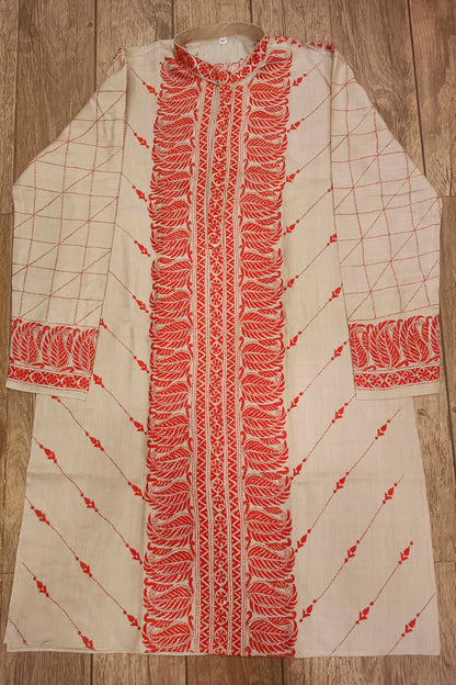 Beige Pure Tussar with Kantha Work (Hand Embroidery) Panjabi