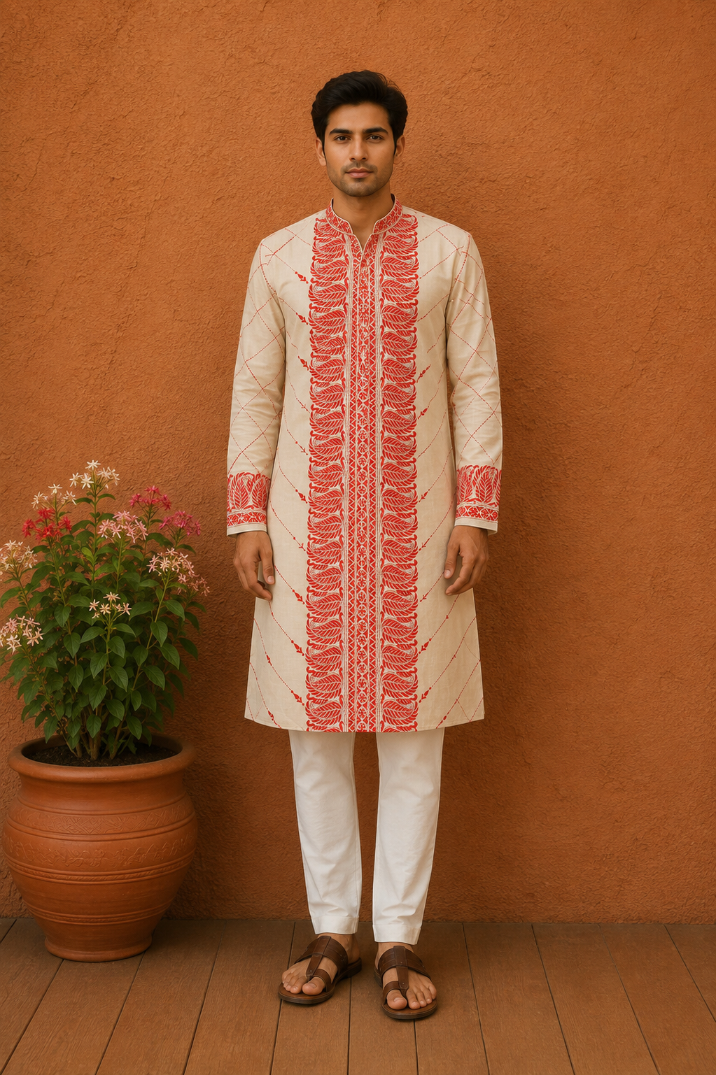 Beige Pure Tussar with Kantha Work (Hand Embroidery) Panjabi