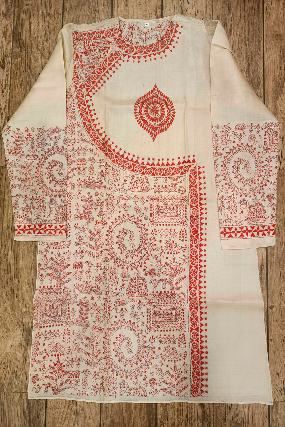 Beige Pure Tussar with Kantha Work (Hand Embroidery) Panjabi