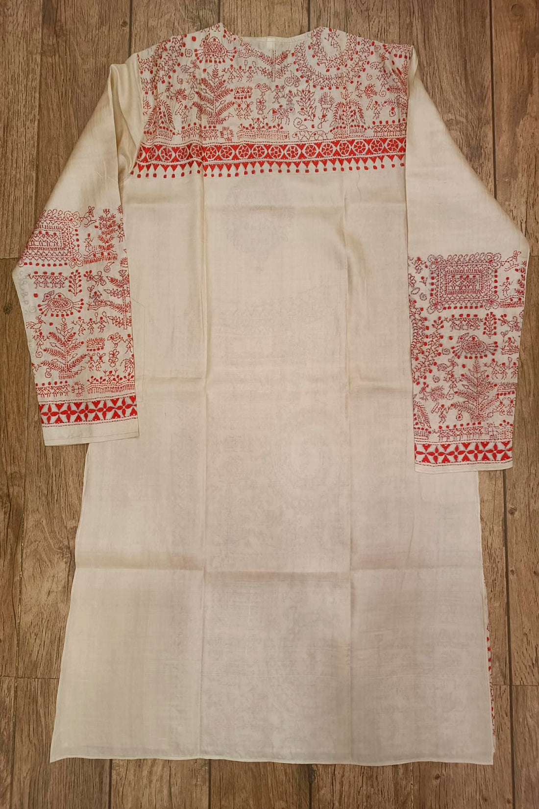 Beige Pure Tussar with Kantha Work (Hand Embroidery) Panjabi