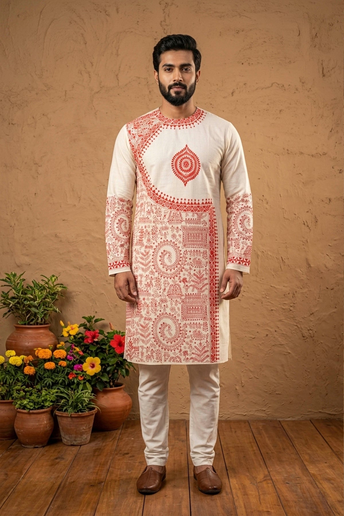 Beige Pure Tussar with Kantha Work (Hand Embroidery) Panjabi