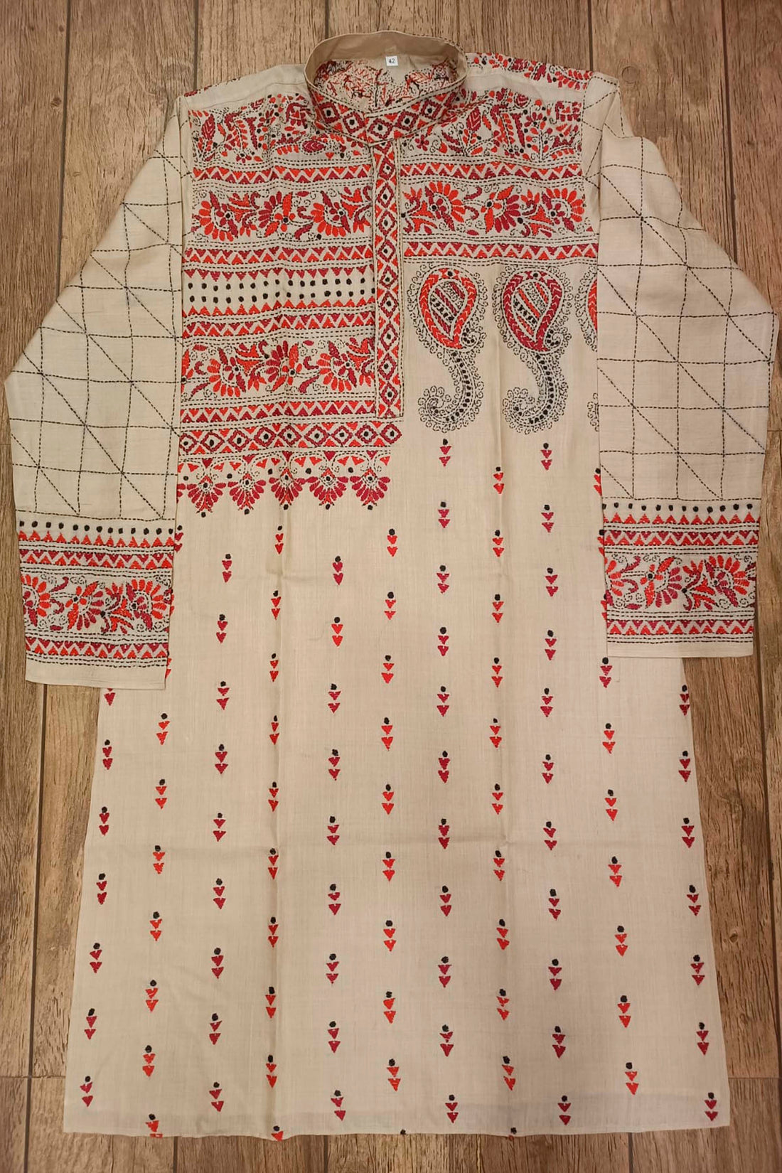 Beige Pure Tussar with Kantha Work (Hand Embroidery) Panjabi