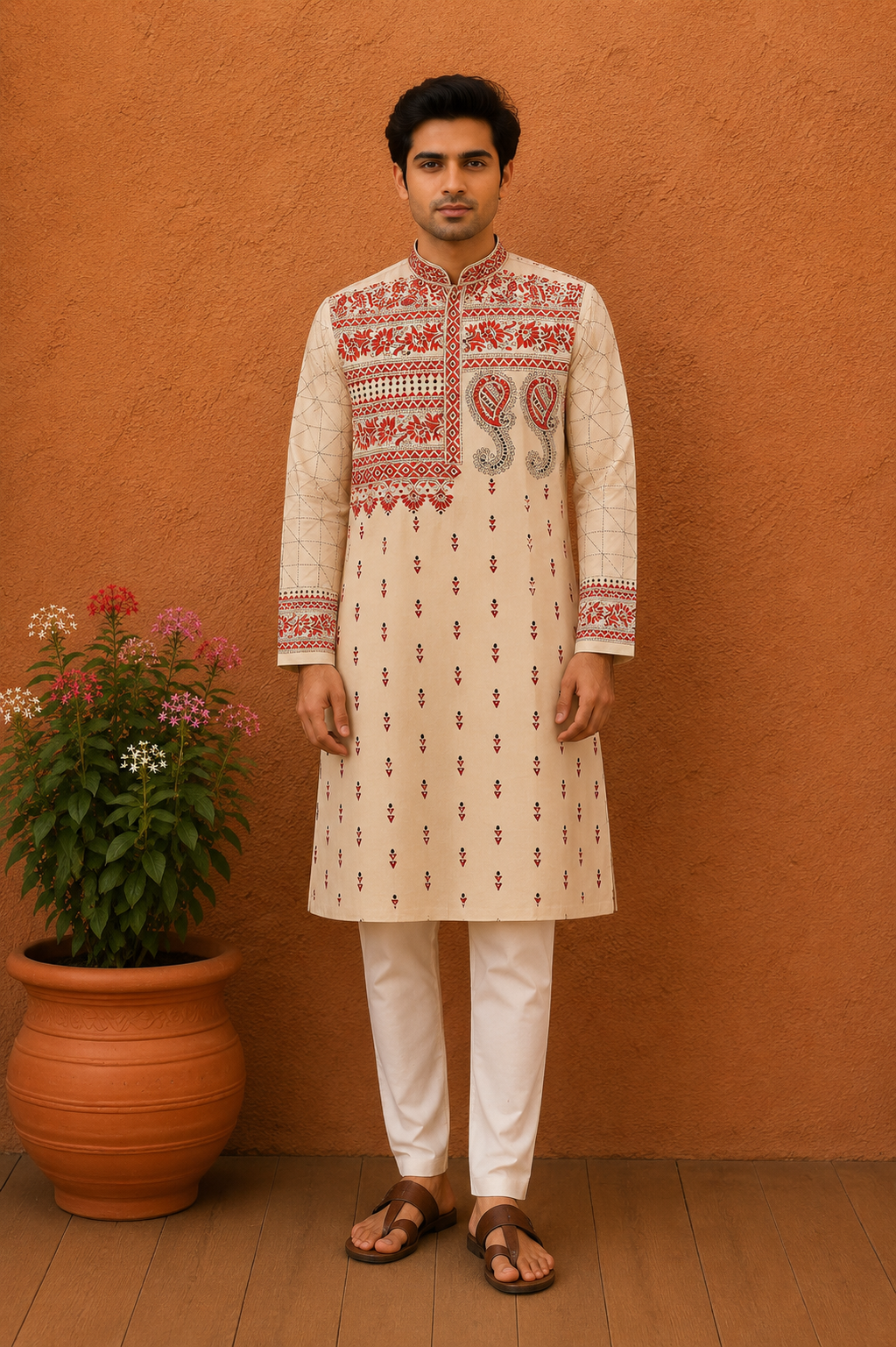 Beige Pure Tussar with Kantha Work (Hand Embroidery) Panjabi