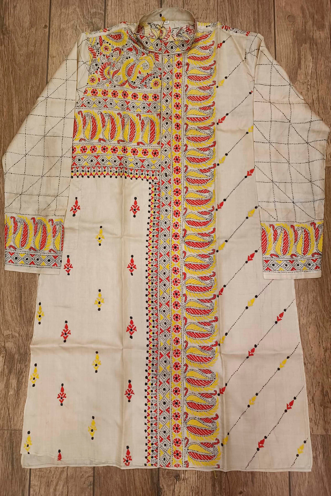 Beige Pure Tussar with Kantha Work (Hand Embroidery) Panjabi