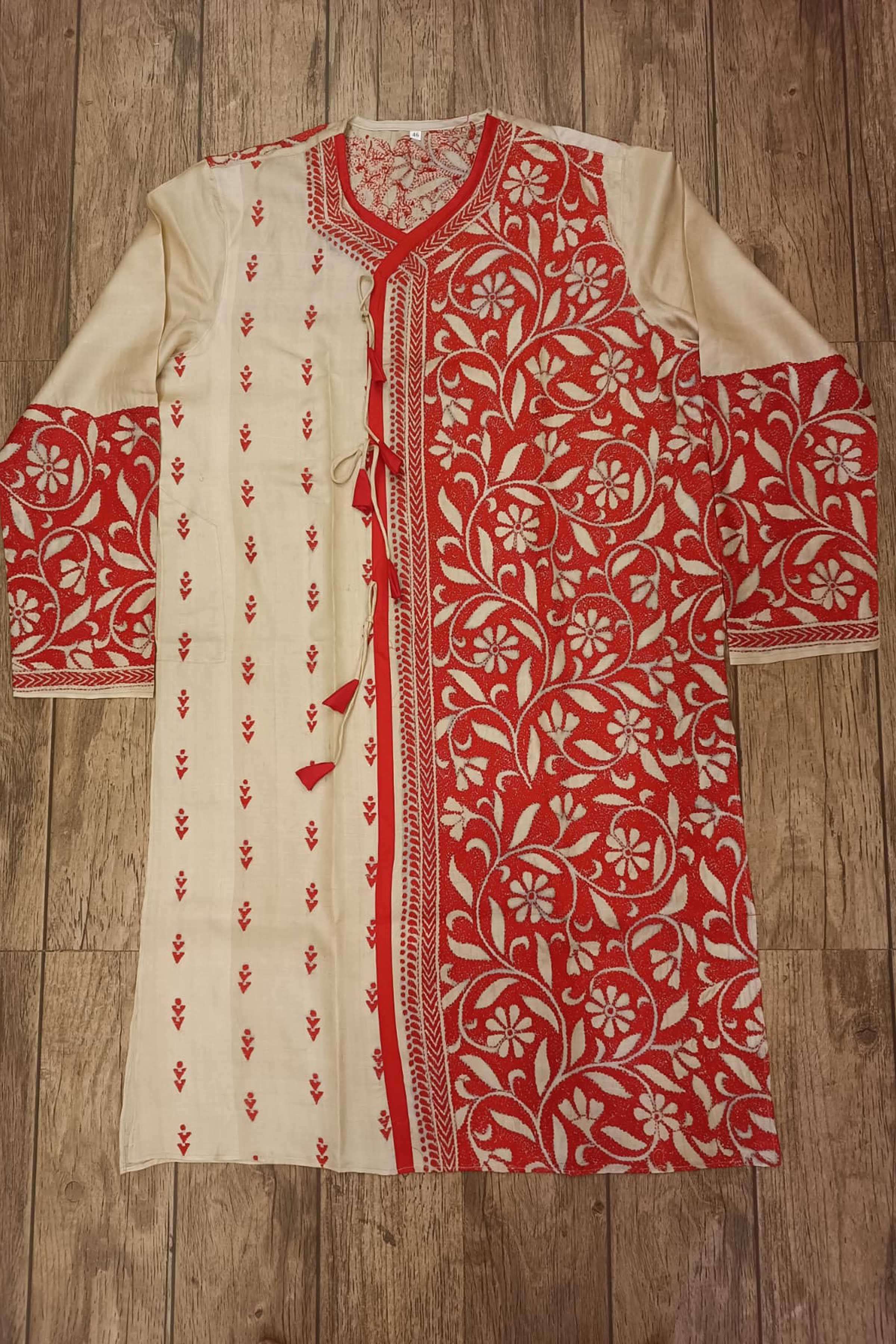 Beige Pure Tussar with Kantha Work (Hand Embroidery) Panjabi