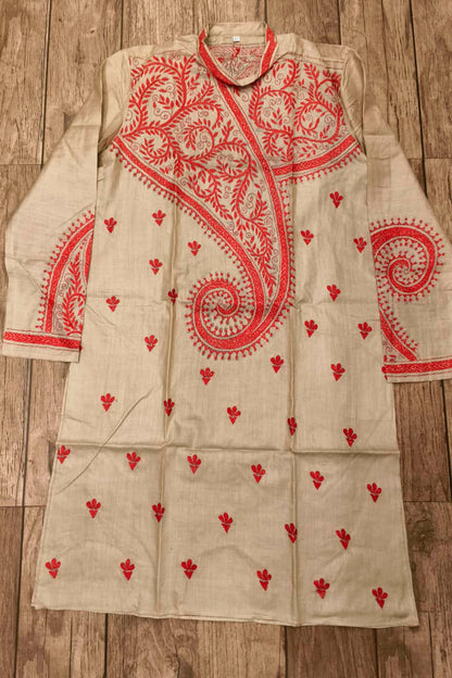 Beige Pure Tussar with Kantha Work (Hand Embroidery) Panjabi