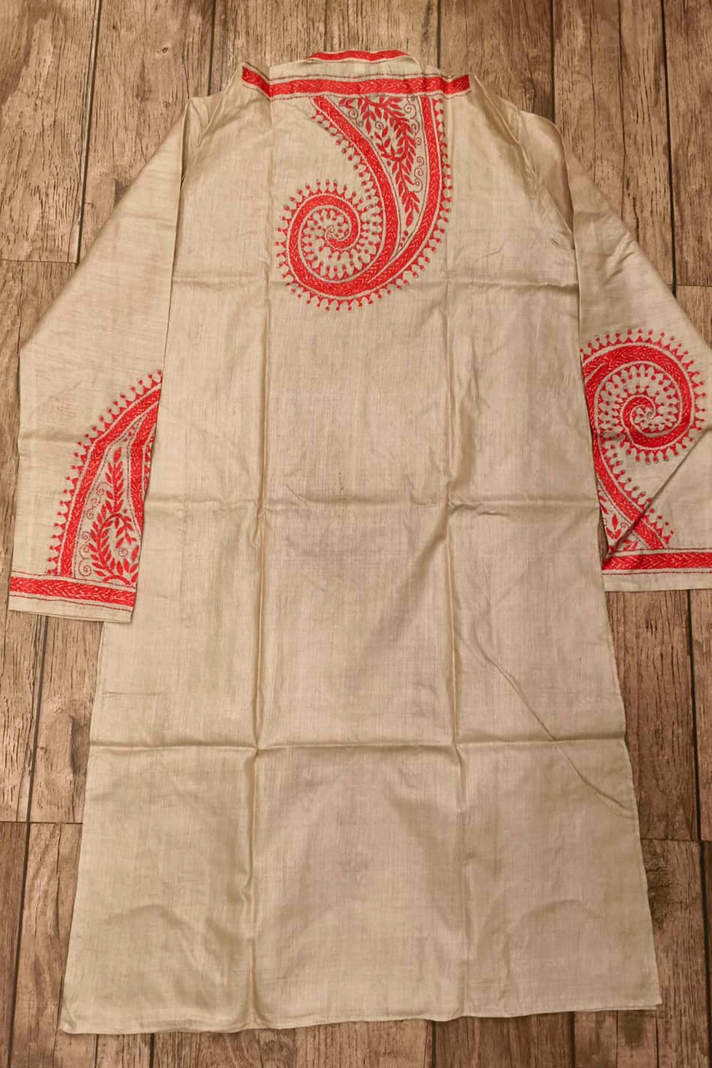 Beige Pure Tussar with Kantha Work (Hand Embroidery) Panjabi