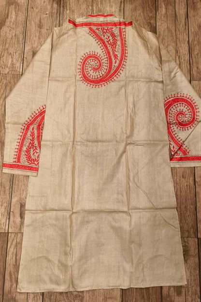 Beige Pure Tussar with Kantha Work (Hand Embroidery) Panjabi