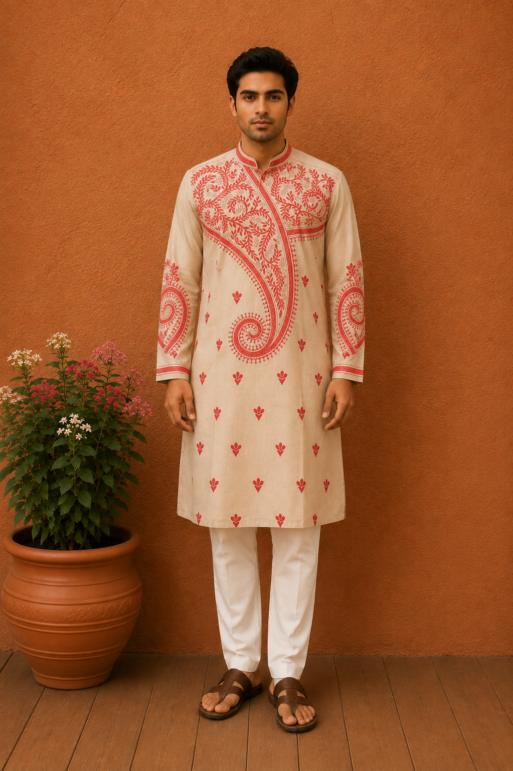 Beige Pure Tussar with Kantha Work (Hand Embroidery) Panjabi