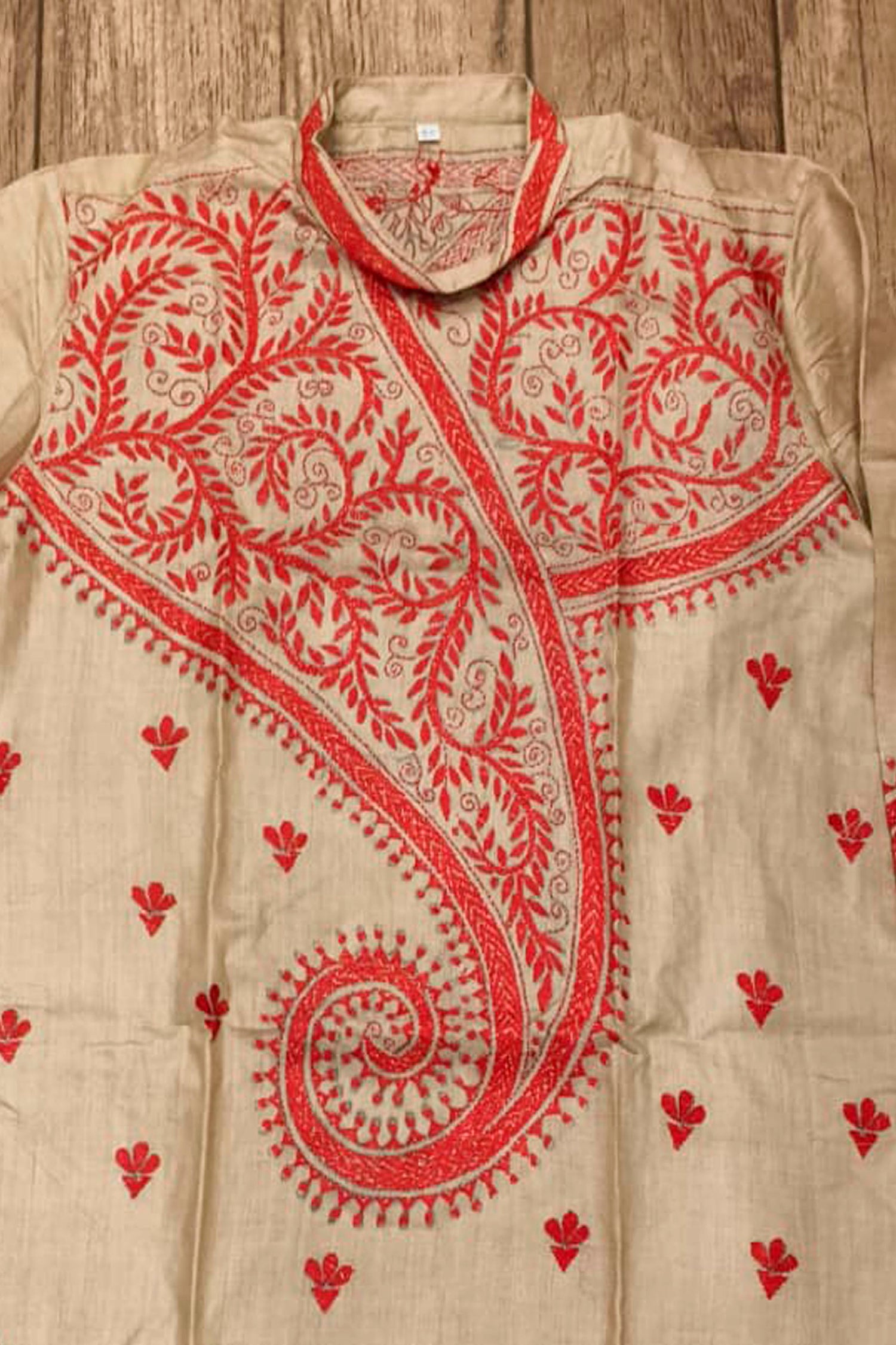 Beige Pure Tussar with Kantha Work (Hand Embroidery) Panjabi