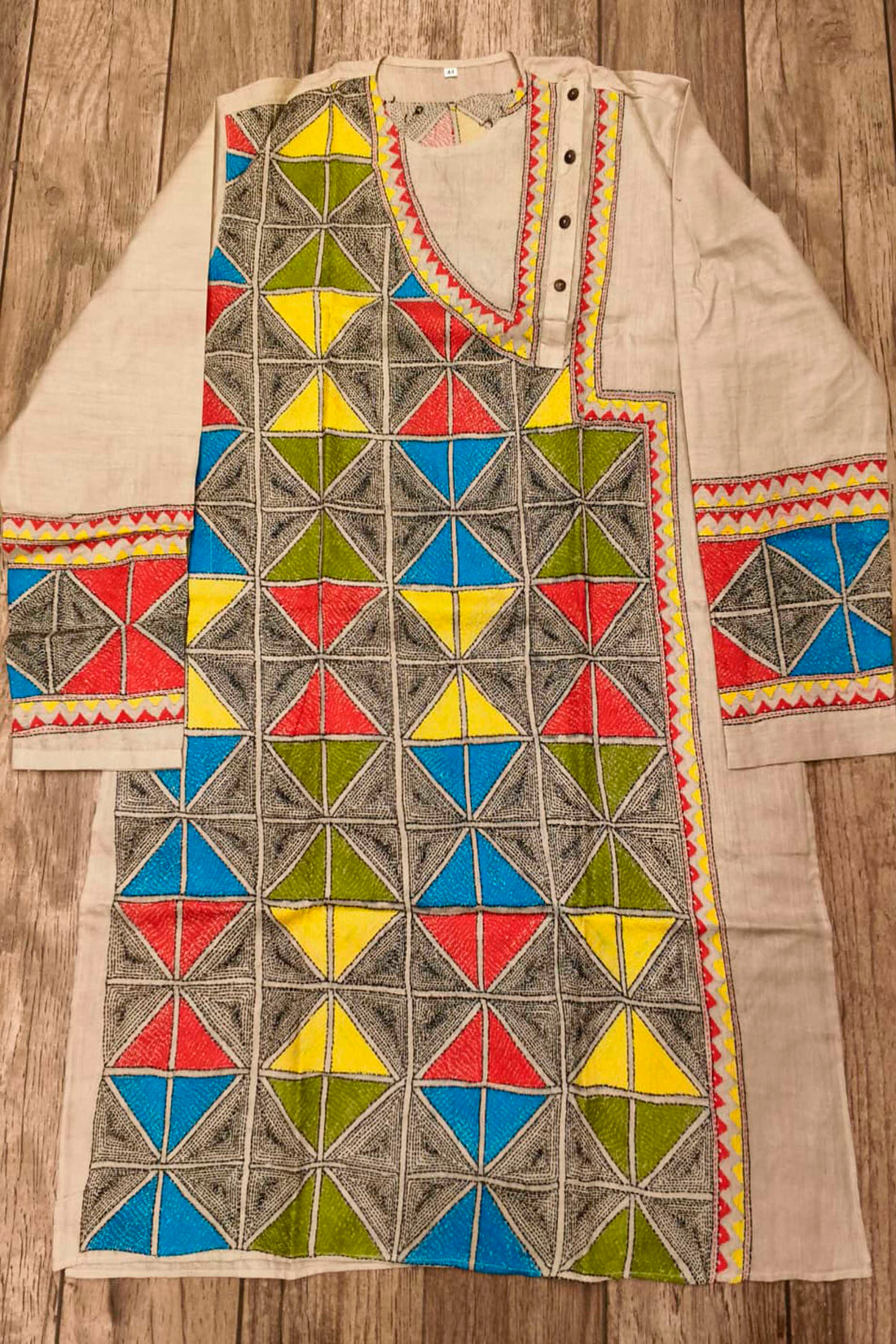 Beige Pure Tussar with Kantha Work (Hand Embroidery) Panjabi
