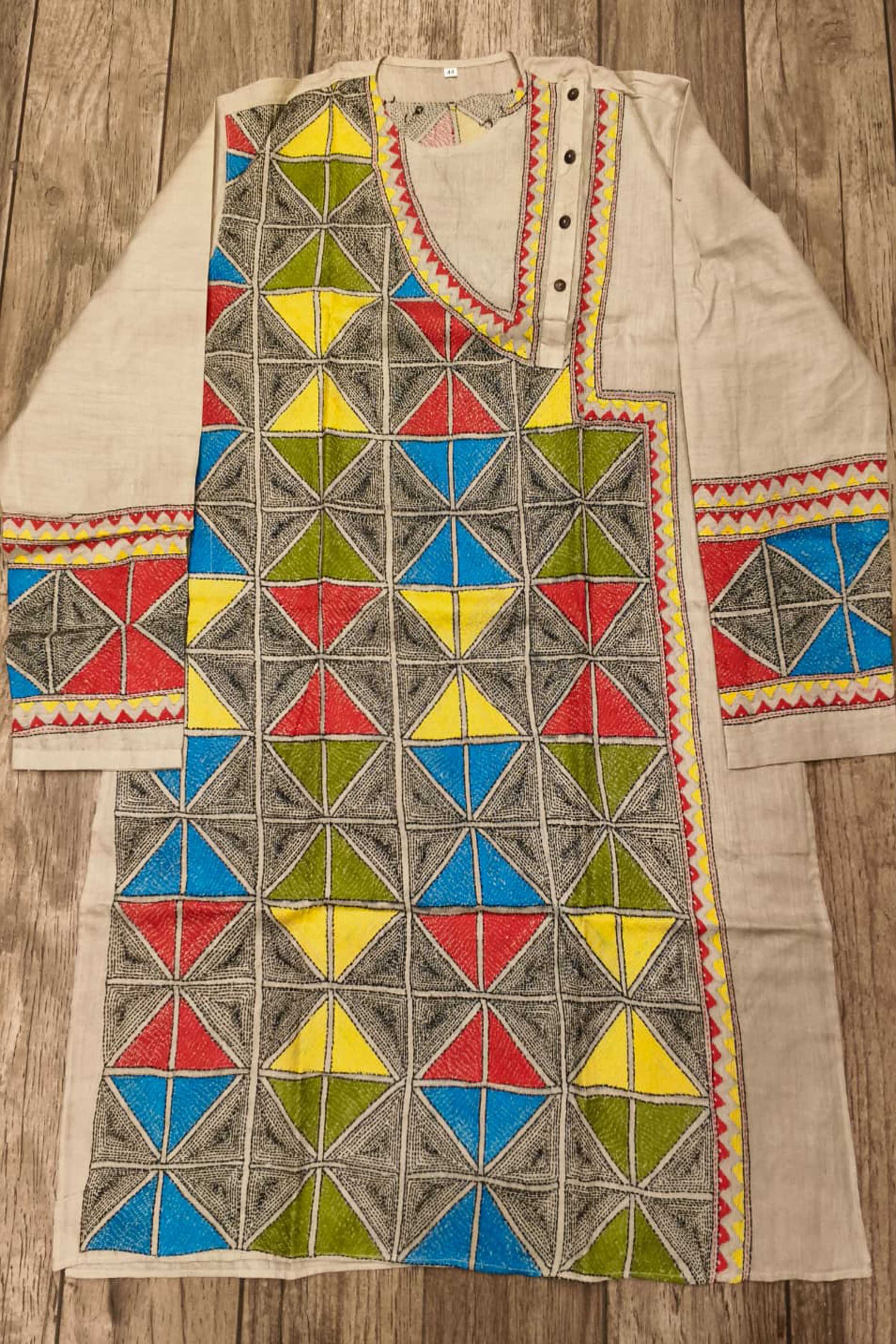 Beige Pure Tussar with Kantha Work (Hand Embroidery) Panjabi