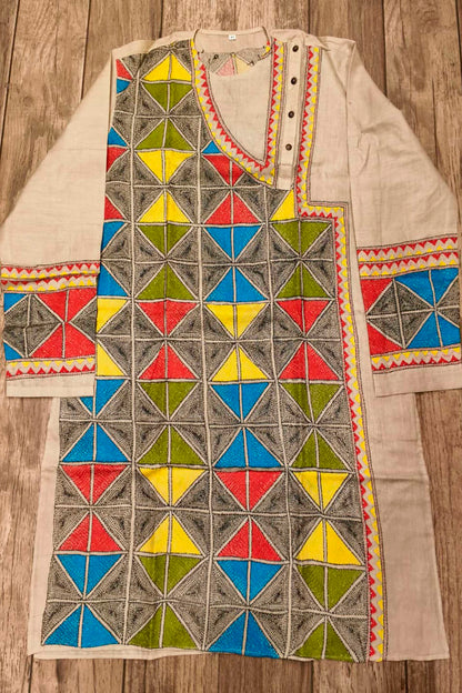 Beige Pure Tussar with Kantha Work (Hand Embroidery) Panjabi