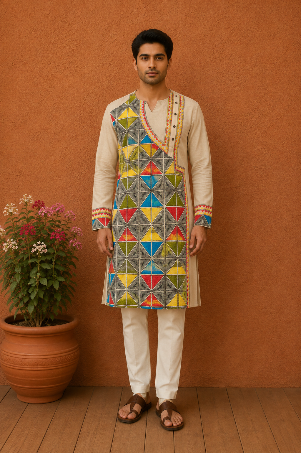 Beige Pure Tussar with Kantha Work (Hand Embroidery) Panjabi