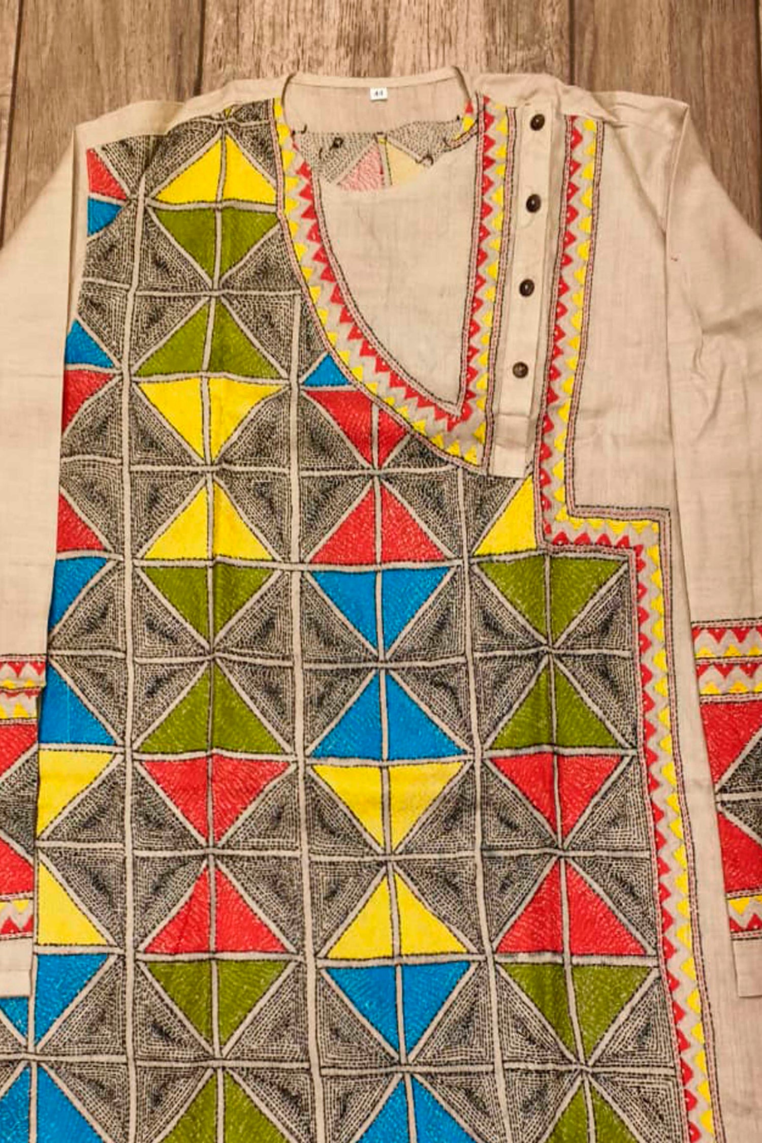Beige Pure Tussar with Kantha Work (Hand Embroidery) Panjabi