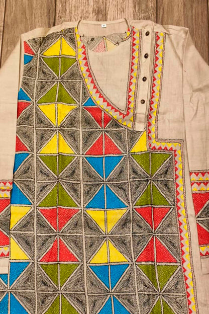 Beige Pure Tussar with Kantha Work (Hand Embroidery) Panjabi