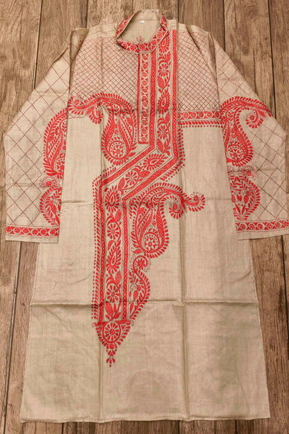 Beige Pure Tussar with Kantha Work (Hand Embroidery) Panjabi