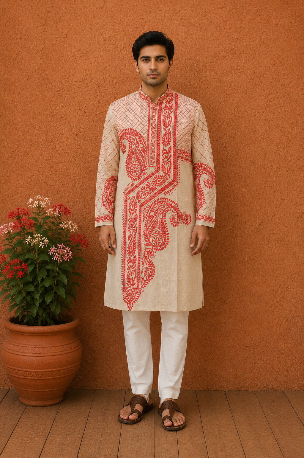 Beige Pure Tussar with Kantha Work (Hand Embroidery) Panjabi