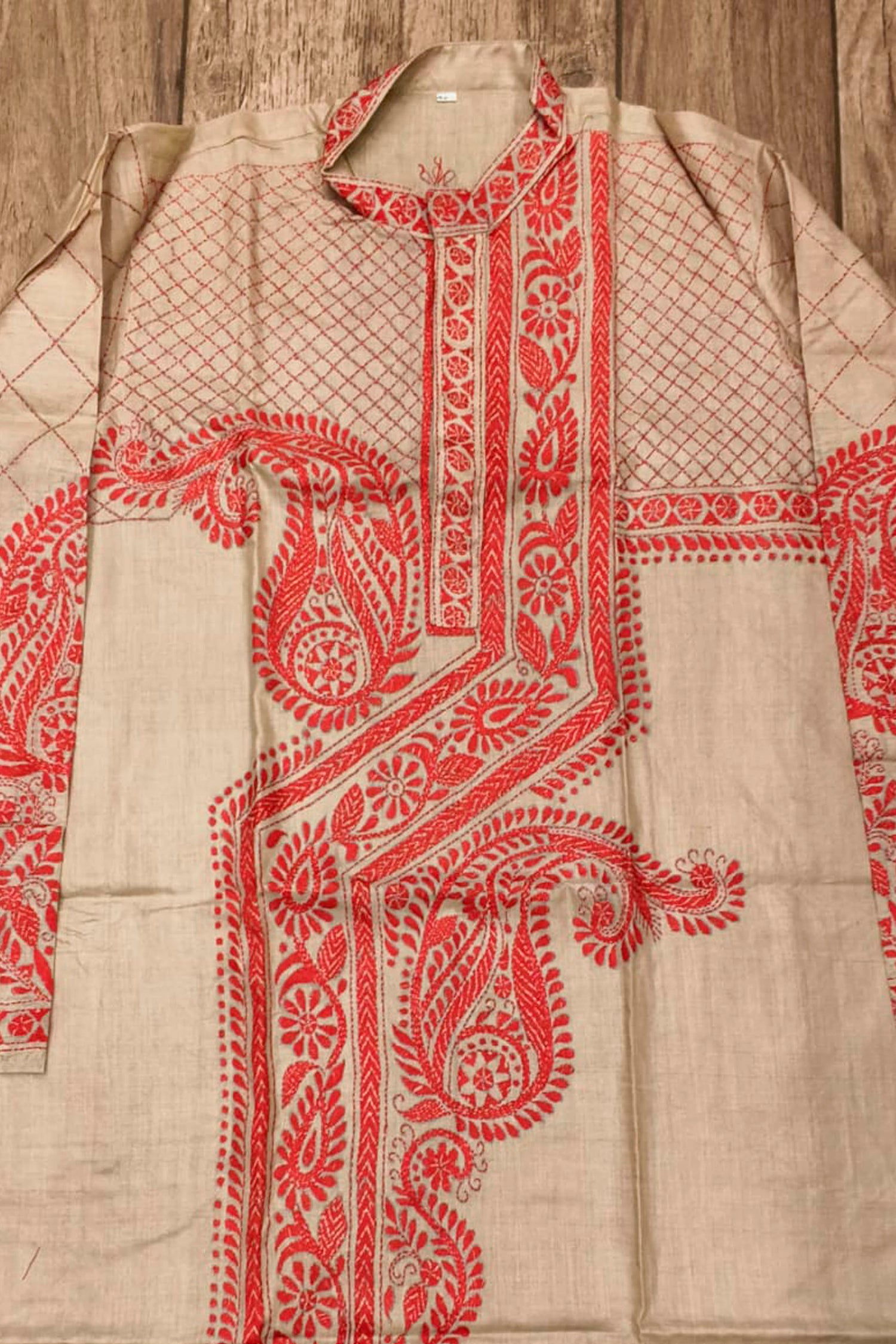 Beige Pure Tussar with Kantha Work (Hand Embroidery) Panjabi
