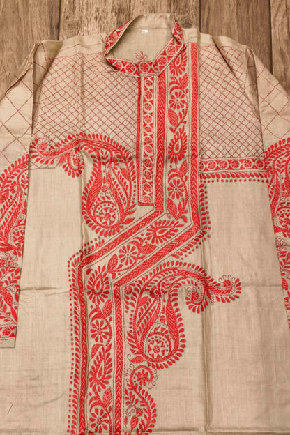 Beige Pure Tussar with Kantha Work (Hand Embroidery) Panjabi