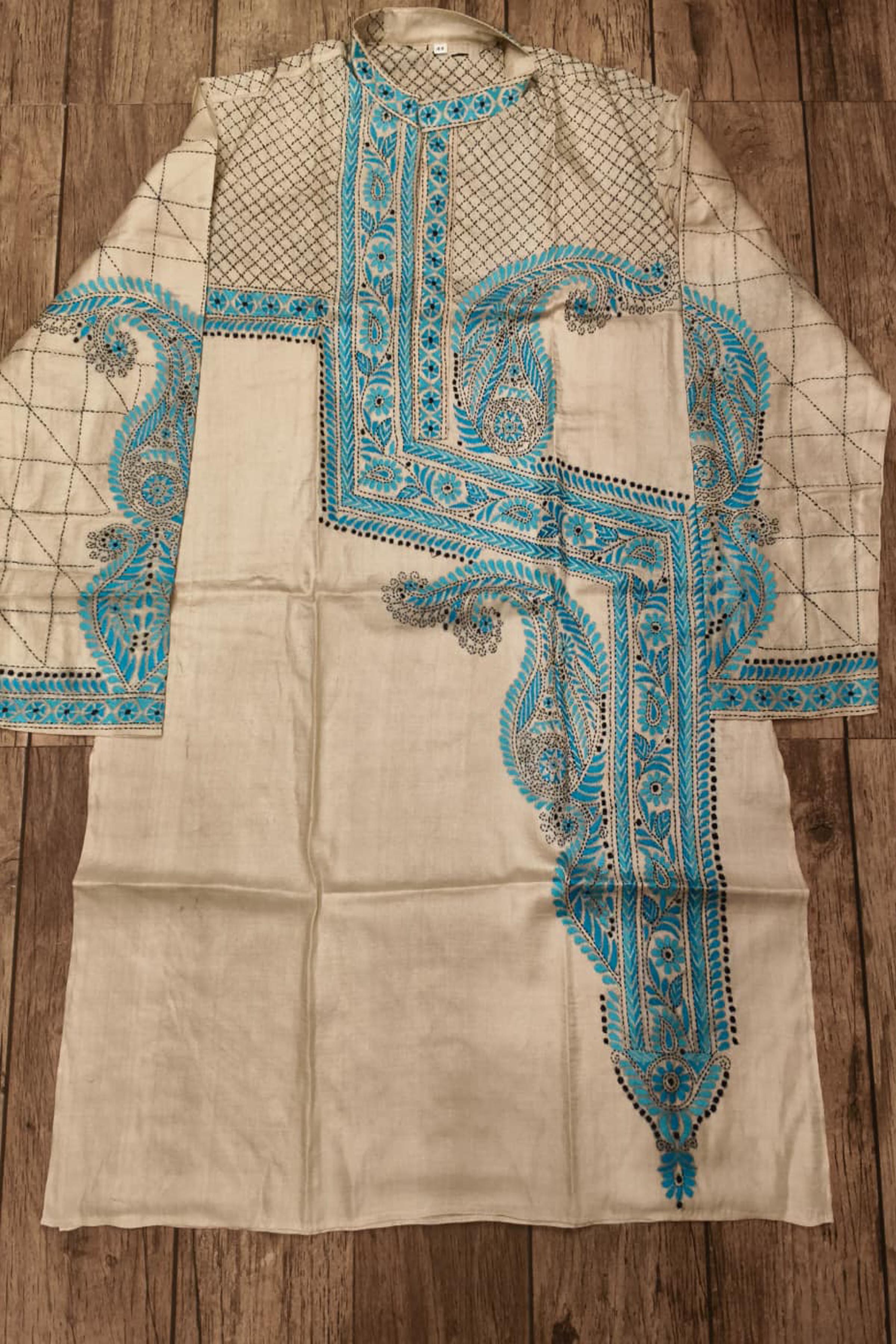 Beige Pure Tussar with Kantha Work (Hand Embroidery) Panjabi