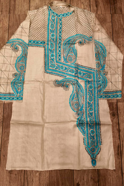 Beige Pure Tussar with Kantha Work (Hand Embroidery) Panjabi
