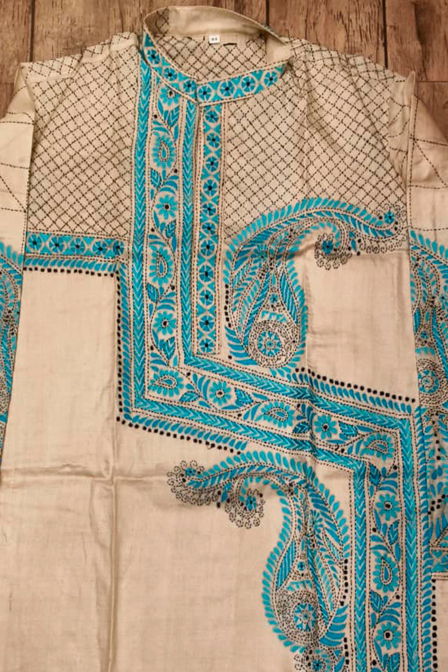 Beige Pure Tussar with Kantha Work (Hand Embroidery) Panjabi