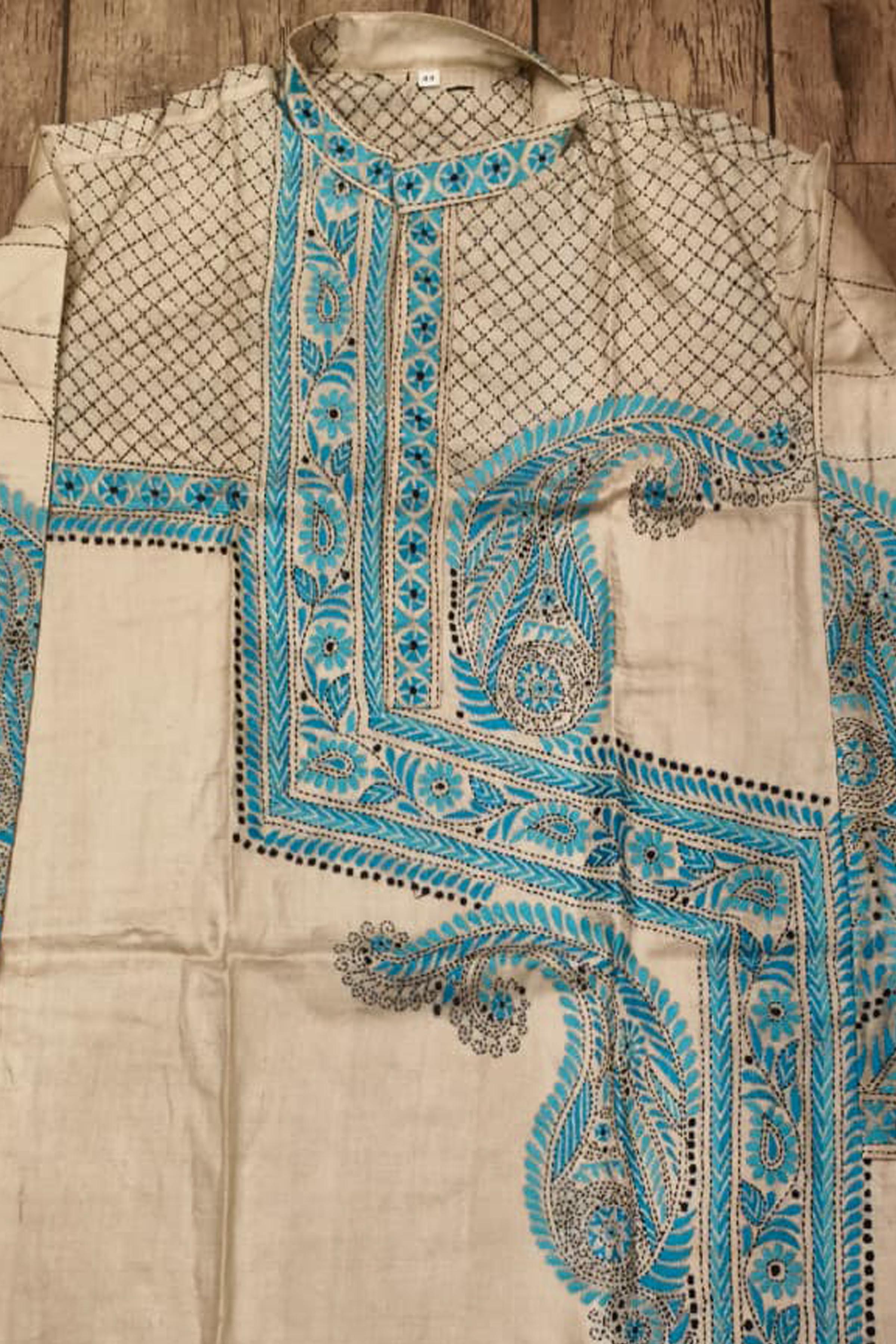 Beige Pure Tussar with Kantha Work (Hand Embroidery) Panjabi