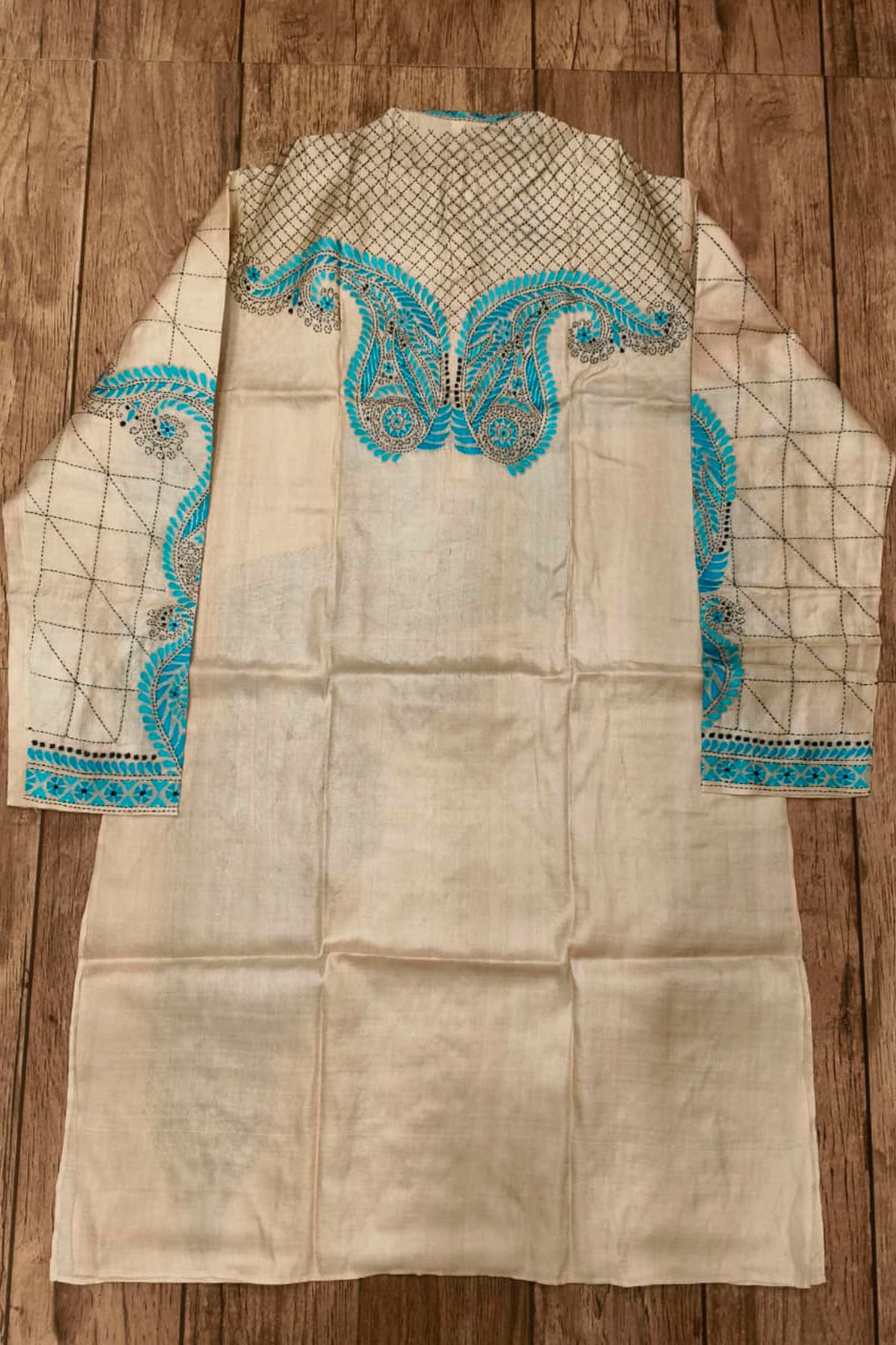 Beige Pure Tussar with Kantha Work (Hand Embroidery) Panjabi