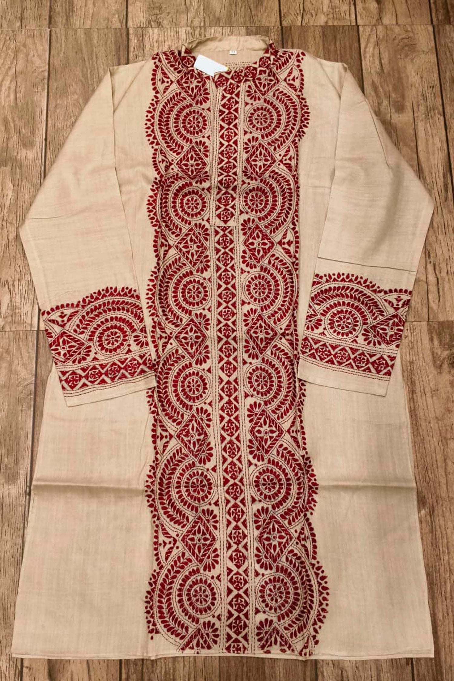 Beige Pure Tussar with Kantha Work (Hand Embroidery) Panjabi