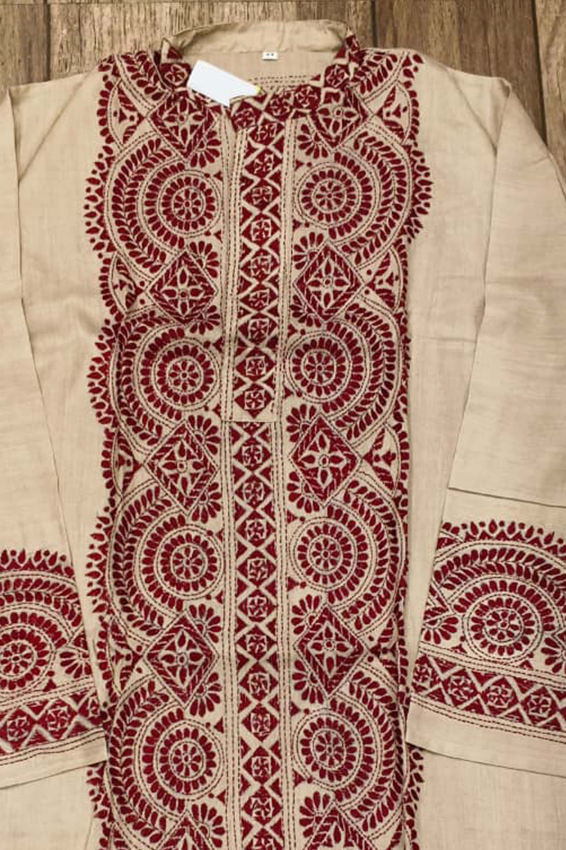 Beige Pure Tussar with Kantha Work (Hand Embroidery) Panjabi